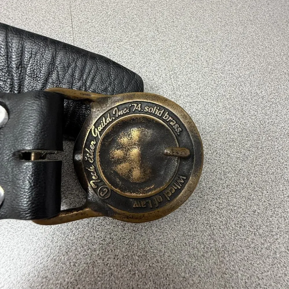 Vintage Wheel of Law Brass Buckle Tech Ether Guild Leather Belt Black Fits 38-41